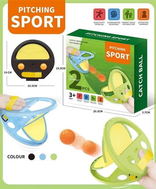 Toy pitching set with packaging and product details on a green background