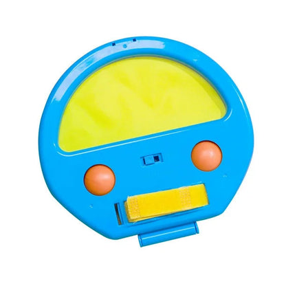 Toy robot face with blue head, yellow face, and orange buttons on a white background