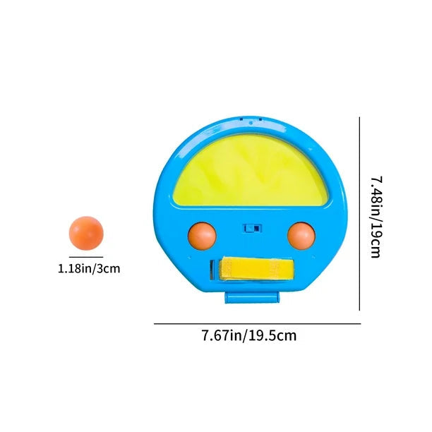 Blue and yellow toy with measurements on a white background