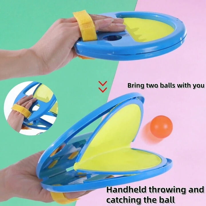 Handheld ball throwing and catching device with text on a colorful background