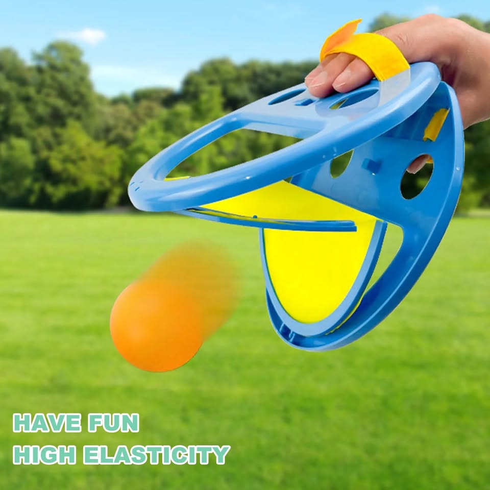 Blue and yellow disc golf device with a disc in a grassy outdoor setting
