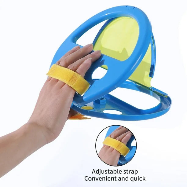 Hand using a blue and yellow device with an adjustable strap on a white background