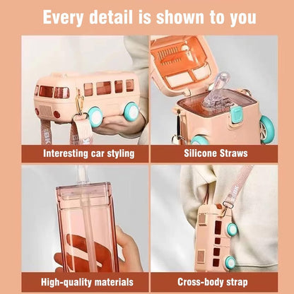 Product display with car-shaped tumbler, silicone straws, cross-body strap, and high-quality materials on a peach background.