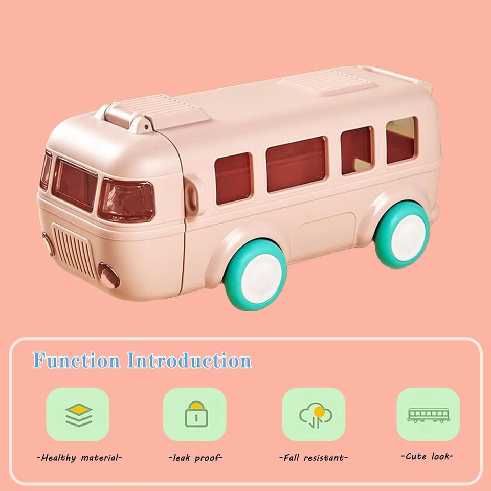 Toy bus with teal wheels on a pink background