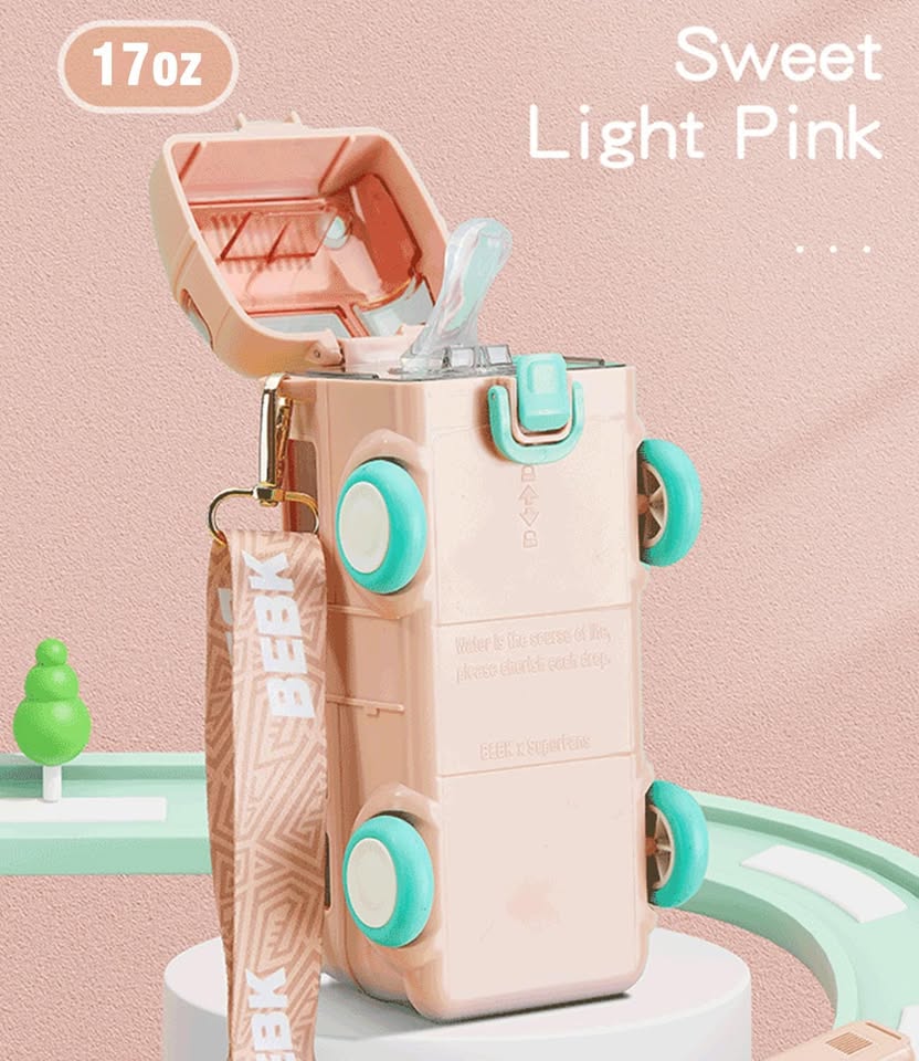 Light pink and turquoise container with 'BEBK' branding on a pink background
