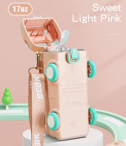 Light pink and turquoise container with 'BEBK' branding on a pink background