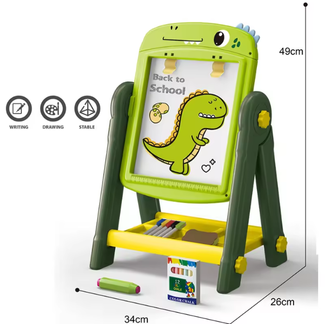 Children's art easel with dinosaur drawing on a white background