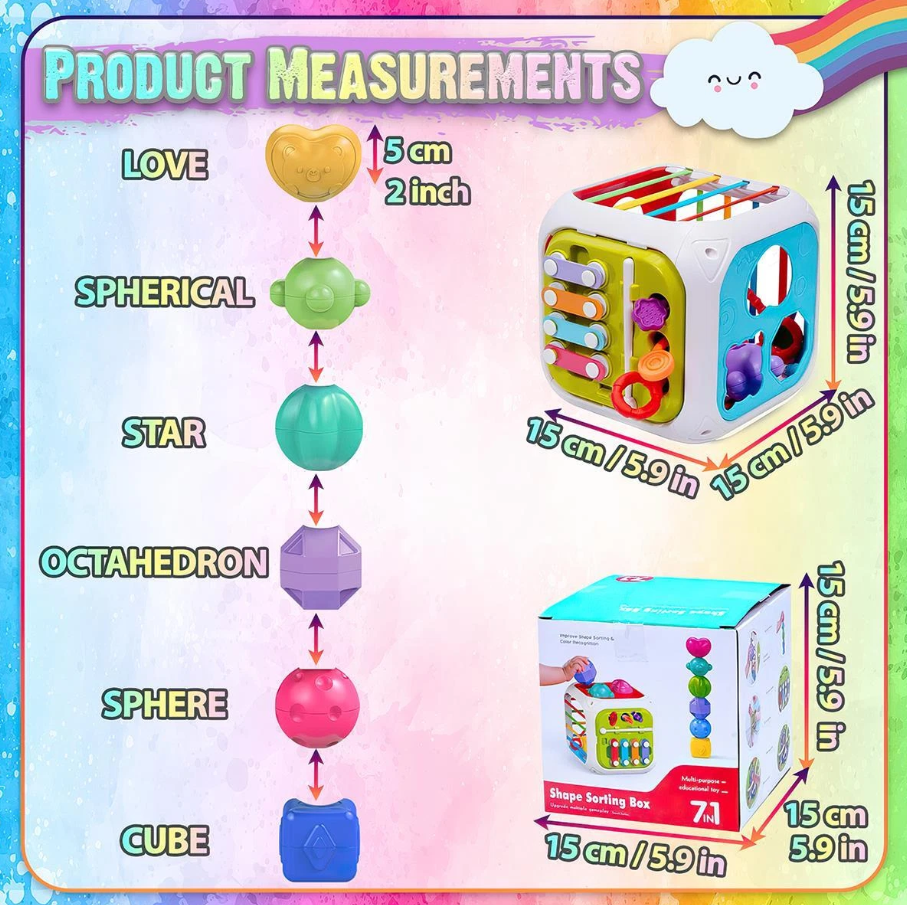 Product measurements chart for a colorful educational toy with shapes and dimensions.