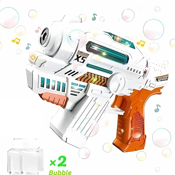 Toy bubble gun with colorful design on a white background