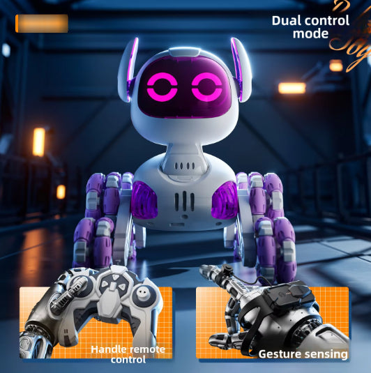 Toy robot with dual control mode features, including remote control and gesture sensing, in a futuristic setting.