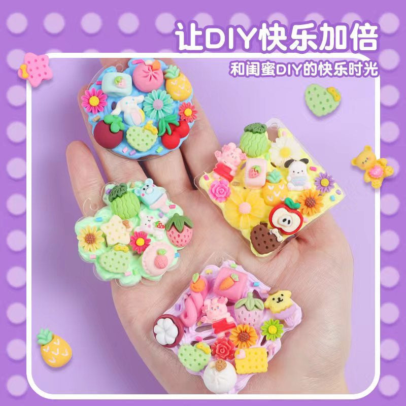 Colorful DIY clay decorations held in a hand against a purple polka dot background with text.