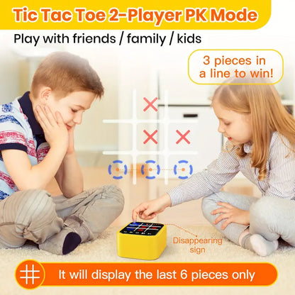 Two children playing Tic Tac Toe on a digital device with promotional text about game mode and features.