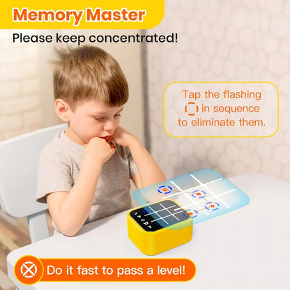 Child playing a memory game with text and graphics on screen