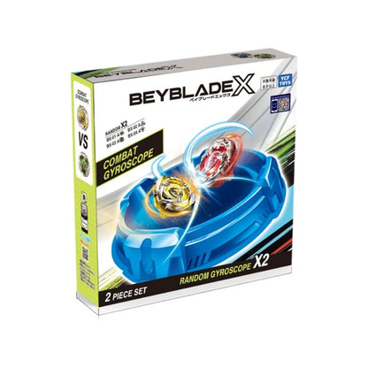 Beyblade X packaging with two陀螺 on a white background