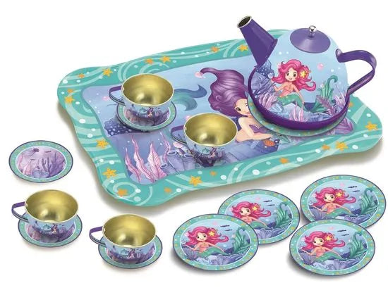 Mermaid-themed children's tea set with tray, cups, and saucers on a white background