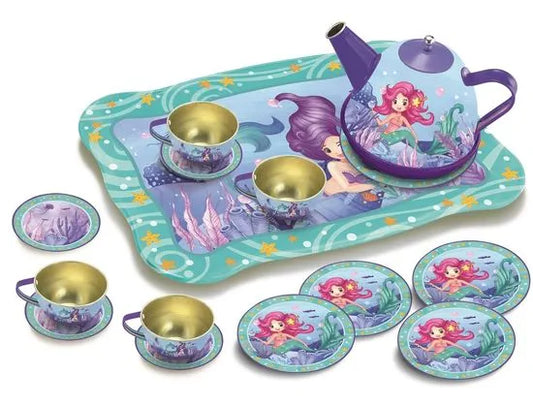 Mermaid-themed children's tea set with tray, cups, and saucers on a white background
