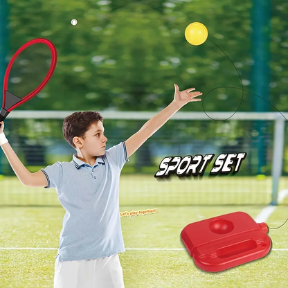 Child playing with a tennis racket and ball on a tennis court, with 'Sport Set' text overlay.
