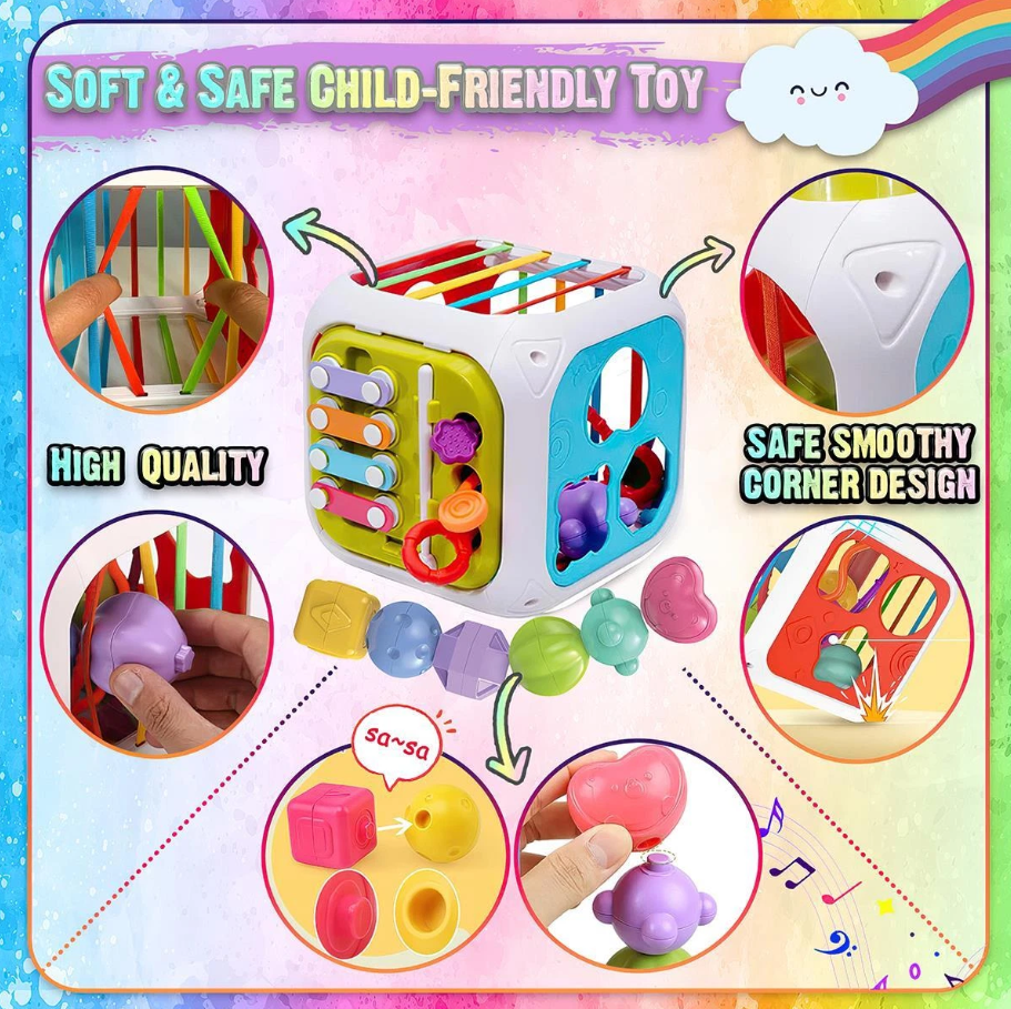 Colorful toy cube with various educational elements on a child-friendly design background.