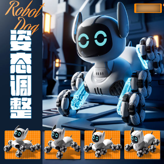 Toy robot with a futuristic design in a dark, sci-fi setting
