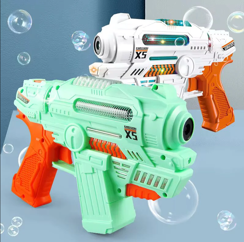 Two bubble guns, one green and orange, the other white and orange, with bubbles in the background.
