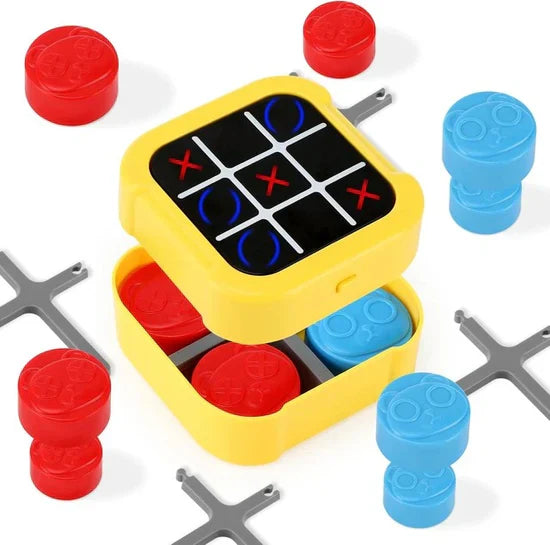 Yellow box with a tic-tac-toe board and red and blue game pieces on a white background