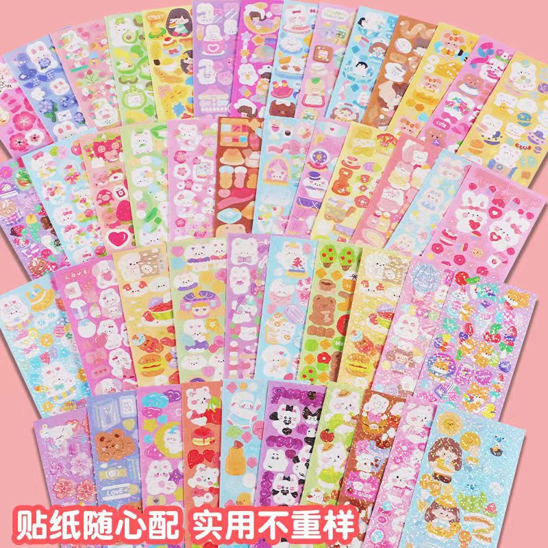 Collection of colorful stickers with various designs on a pink background