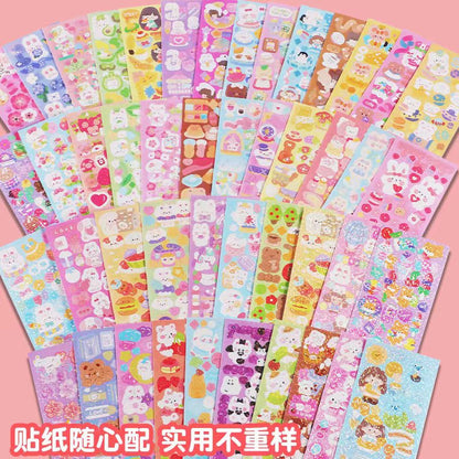 Collection of colorful stickers with various designs on a pink background