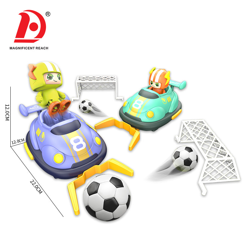 Toy set with cartoon characters in cars, soccer ball, and goals on a white background.