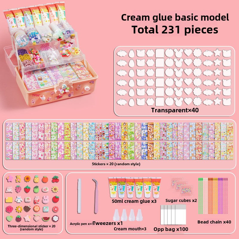 Set of cream glue basic model with various items on a pink background