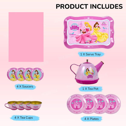 Product list with princess-themed kitchen set including a tray, tea pot, saucers, cups, and plates on a pink background.