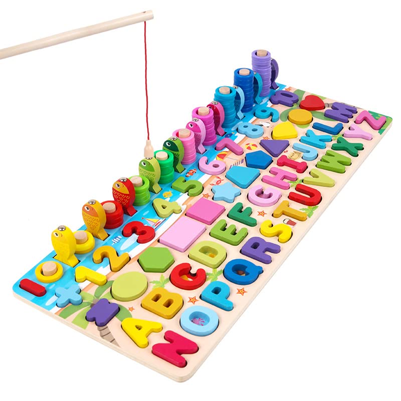 Kids Wooden Shape Puzzle Fishing Counting Game