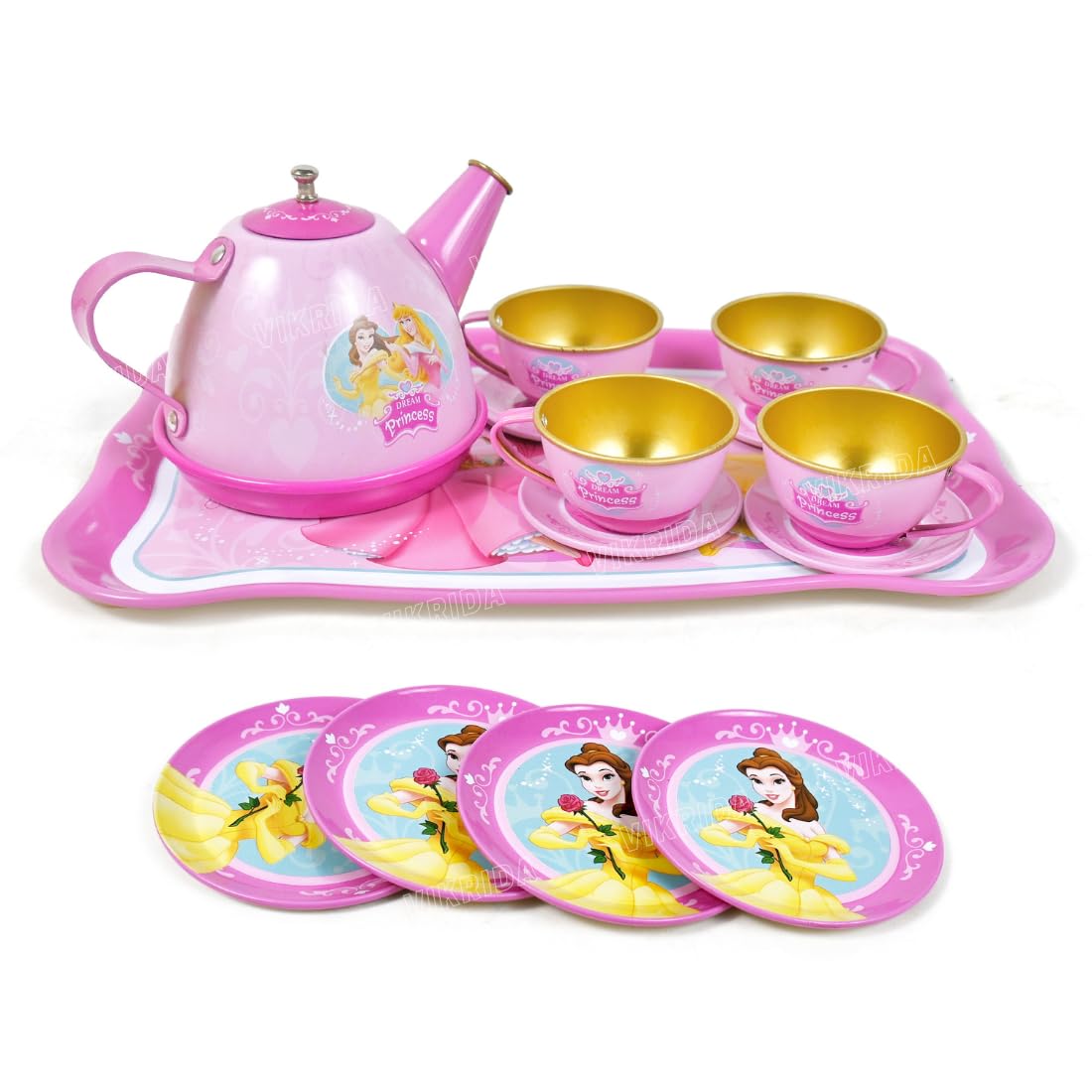 Children's toy tea set with princess design on a white background