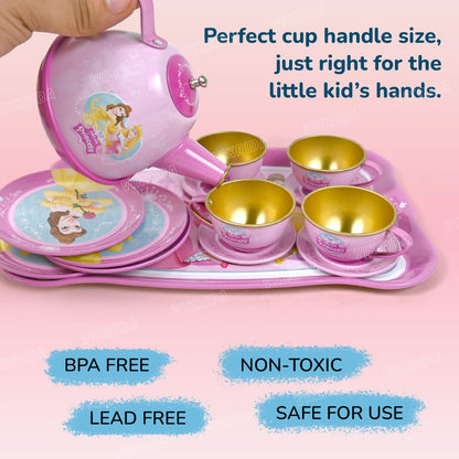 Children's tea set with pink teapot and cups on a pink background, featuring Disney Princess design.