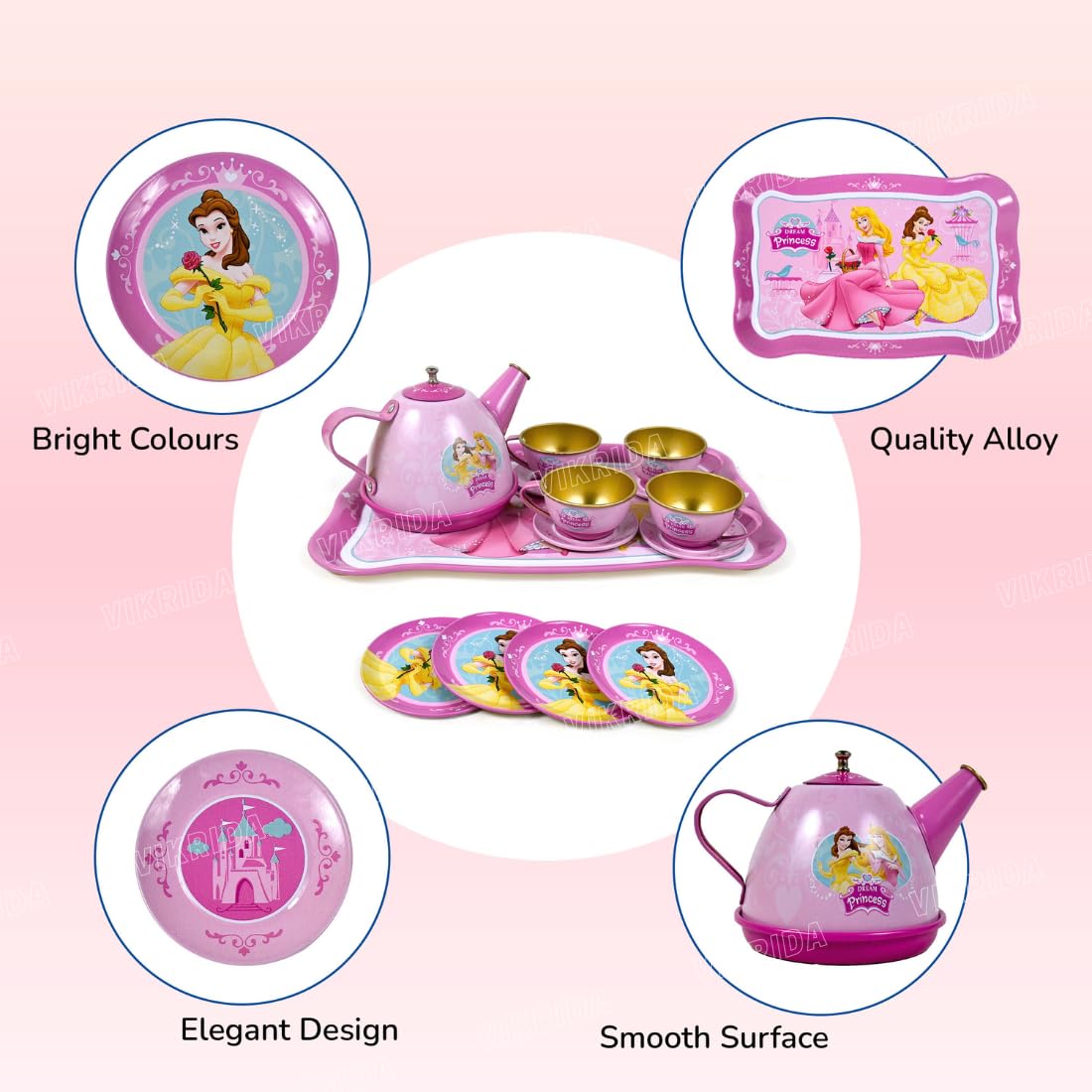 Children's toy tea set with princess design on a pink background