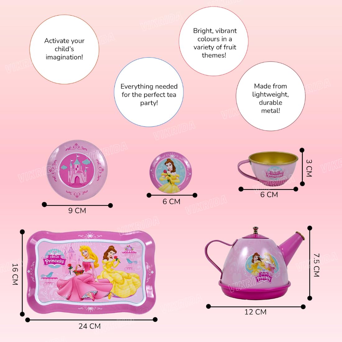 Disney Princess tea set with dimensions and features on a pink background