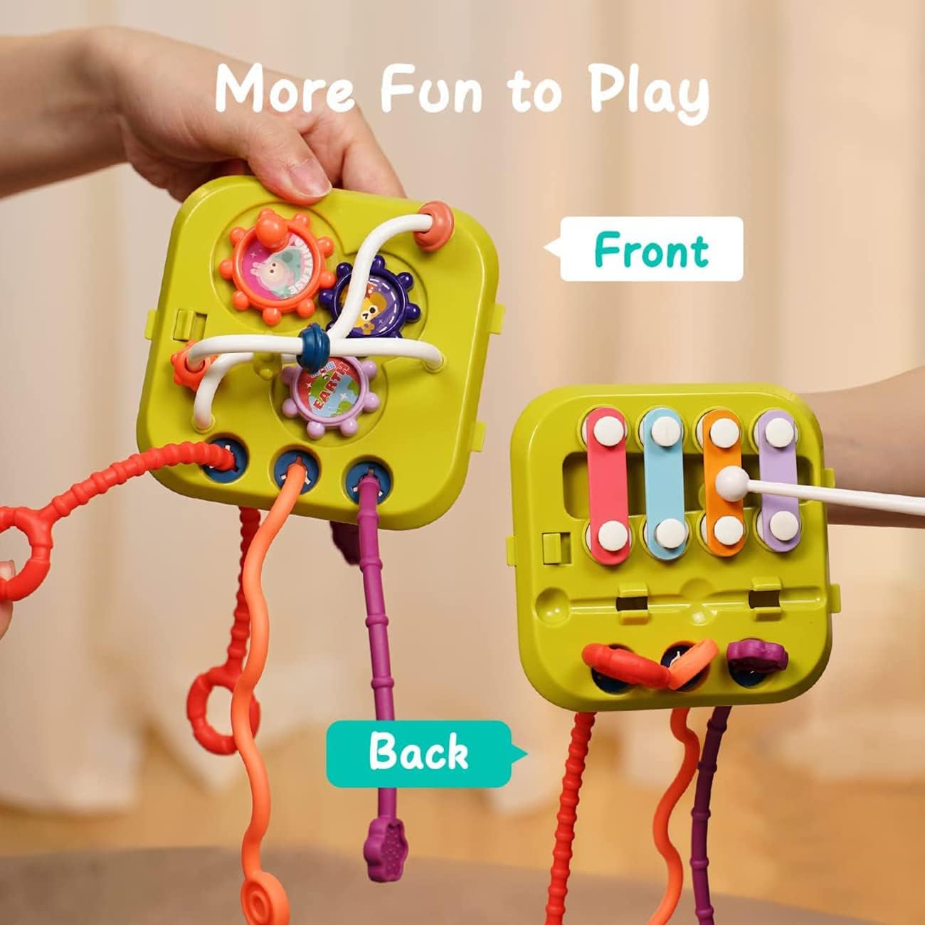 Two colorful children's toys with different sides shown, labeled 'Front' and 'Back'.