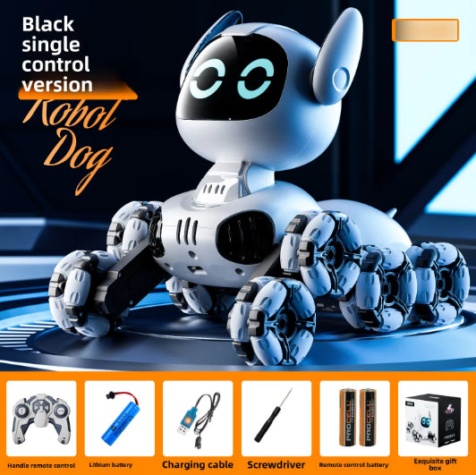 Toy robot dog with accessories on a dark background