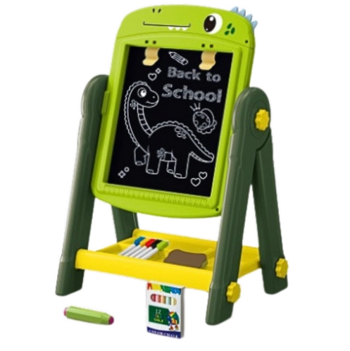 Children's drawing board with chalkboard and eraser, featuring a dinosaur drawing and 'Back to School' text.