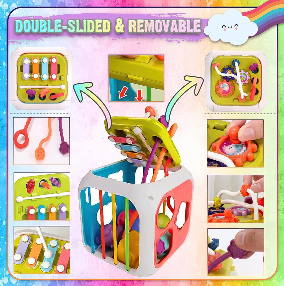 Colorful toy cube with multiple compartments and tools, featuring text 'Double-Slided & Removable'.