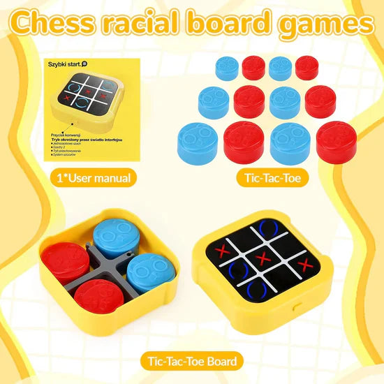 Board games including Tic-Tac-Toe and a box with game pieces on a yellow background