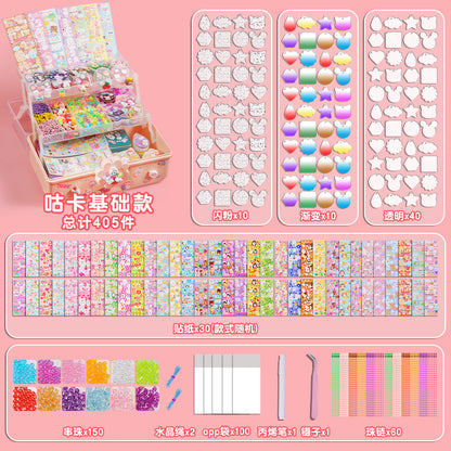 Assorted stationery items including stickers, seals, and decorative elements on a pink background