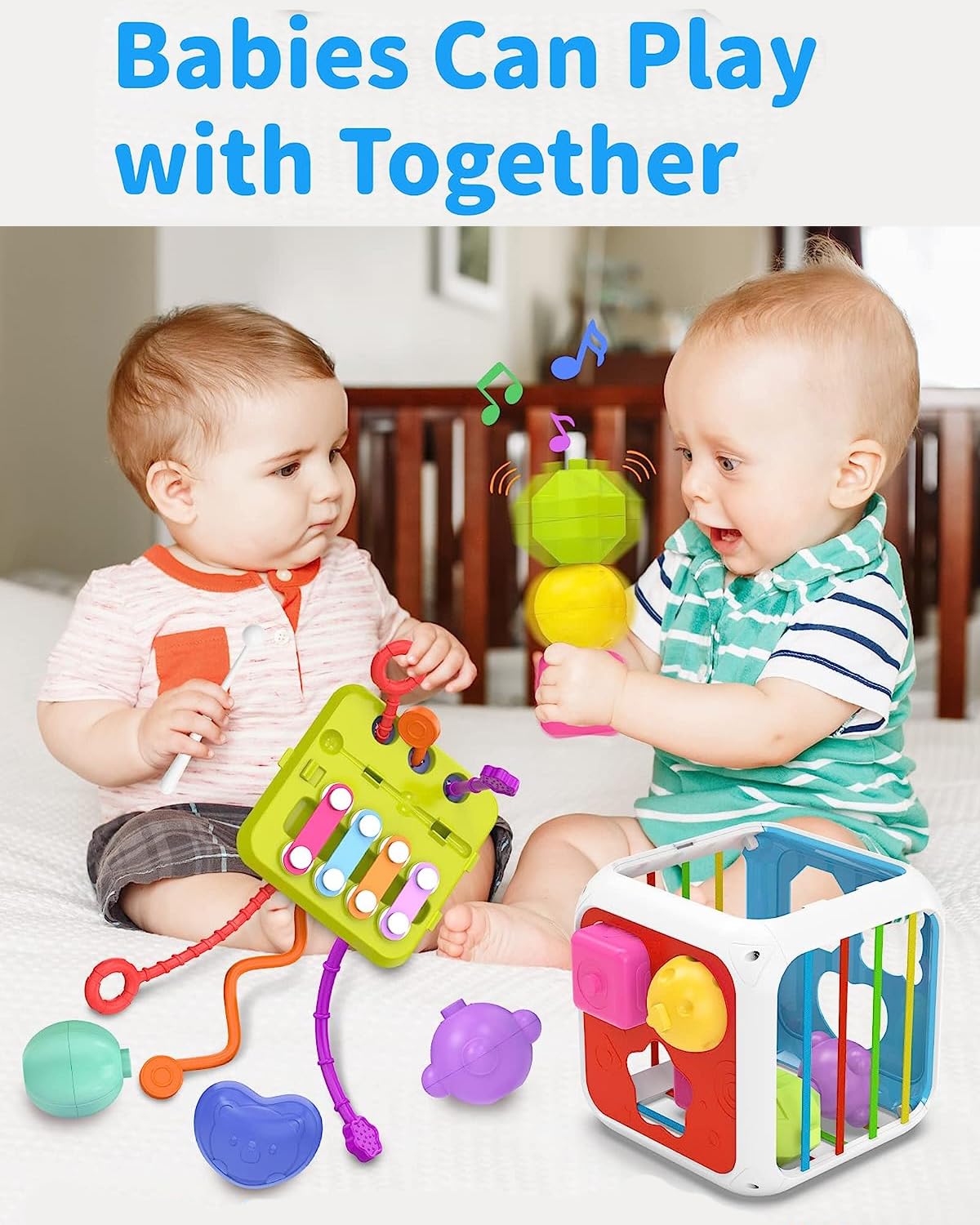 Two babies playing with colorful toys in a room.