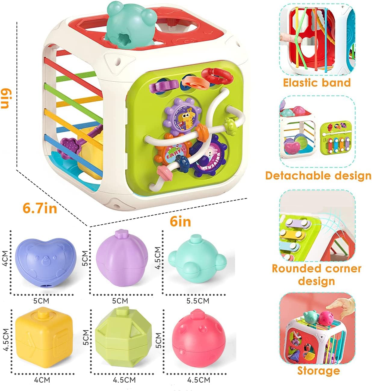 Colorful baby activity cube with dimensions and features highlighted