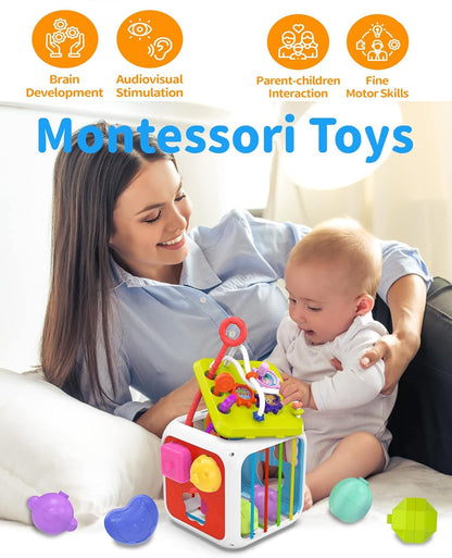 Woman and baby with a colorful Montessori toy, emphasizing brain development and other benefits.