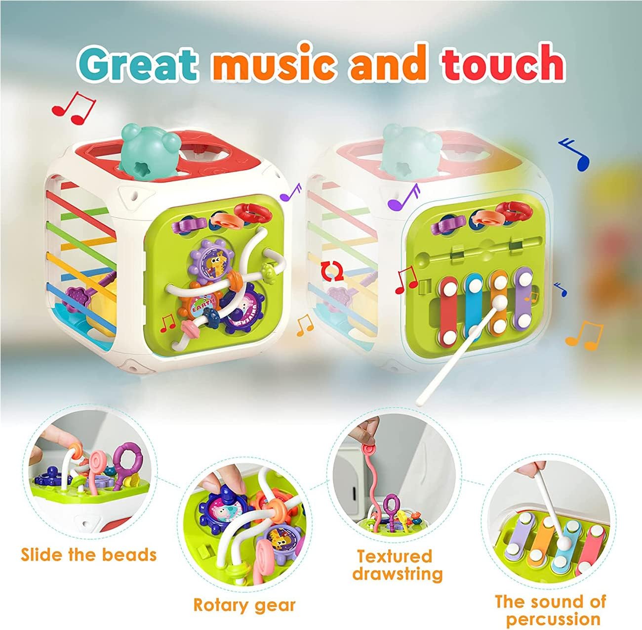 Colorful toy cube with various interactive features and text 'Great music and touch'.