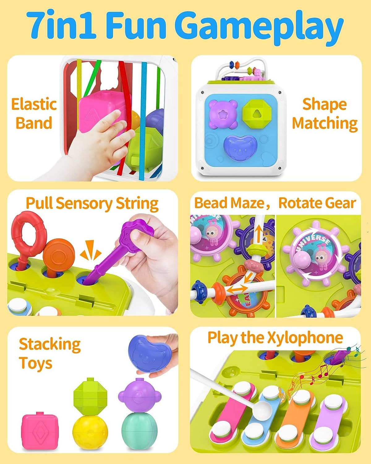 7-in-1 educational toy set with various activities on a yellow background