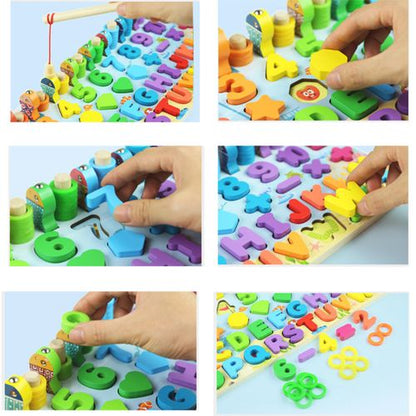 Kids Wooden Shape Puzzle Fishing Counting Game
