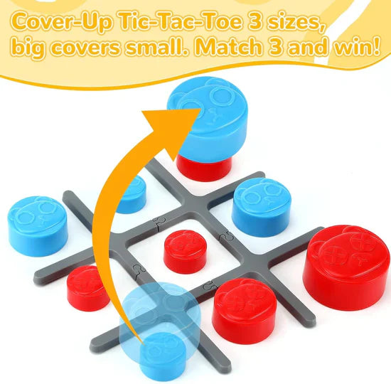Cover-Up Tic-Tac-Toe game with blue and red tokens on a white background