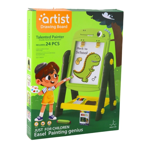Box of 'Artist Drawing Board' with a child drawing a dinosaur on an easel.