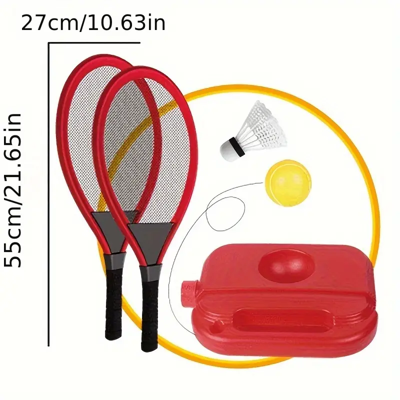 Badminton set with two red rackets, a yellow shuttlecock, and a red net on a white background.